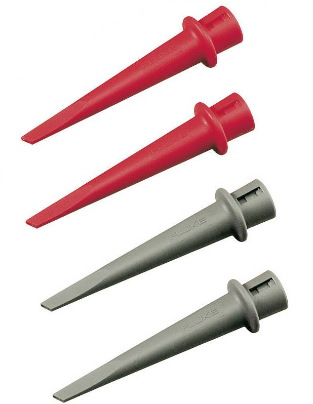 Quatre pointes de test électriques, deux rouges et deux grises. Elles sont de forme conique et adaptées aux tests de multimètres.
