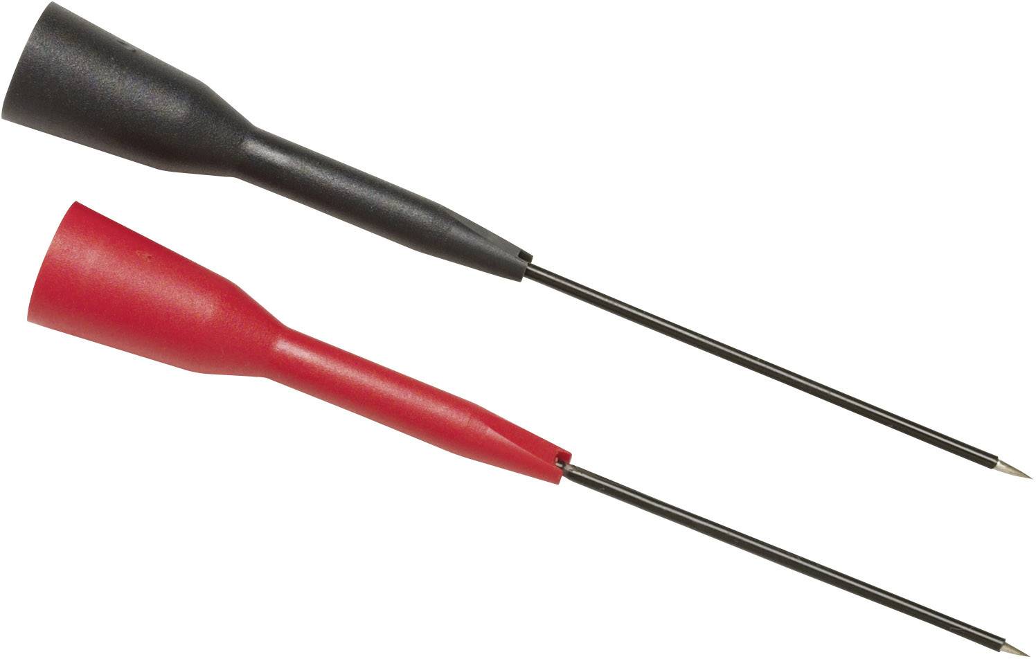 Deux pointes de test, l'une rouge et l'autre noire, sont disposées parallèlement. Elles servent à vérifier les connexions électriques en électronique.