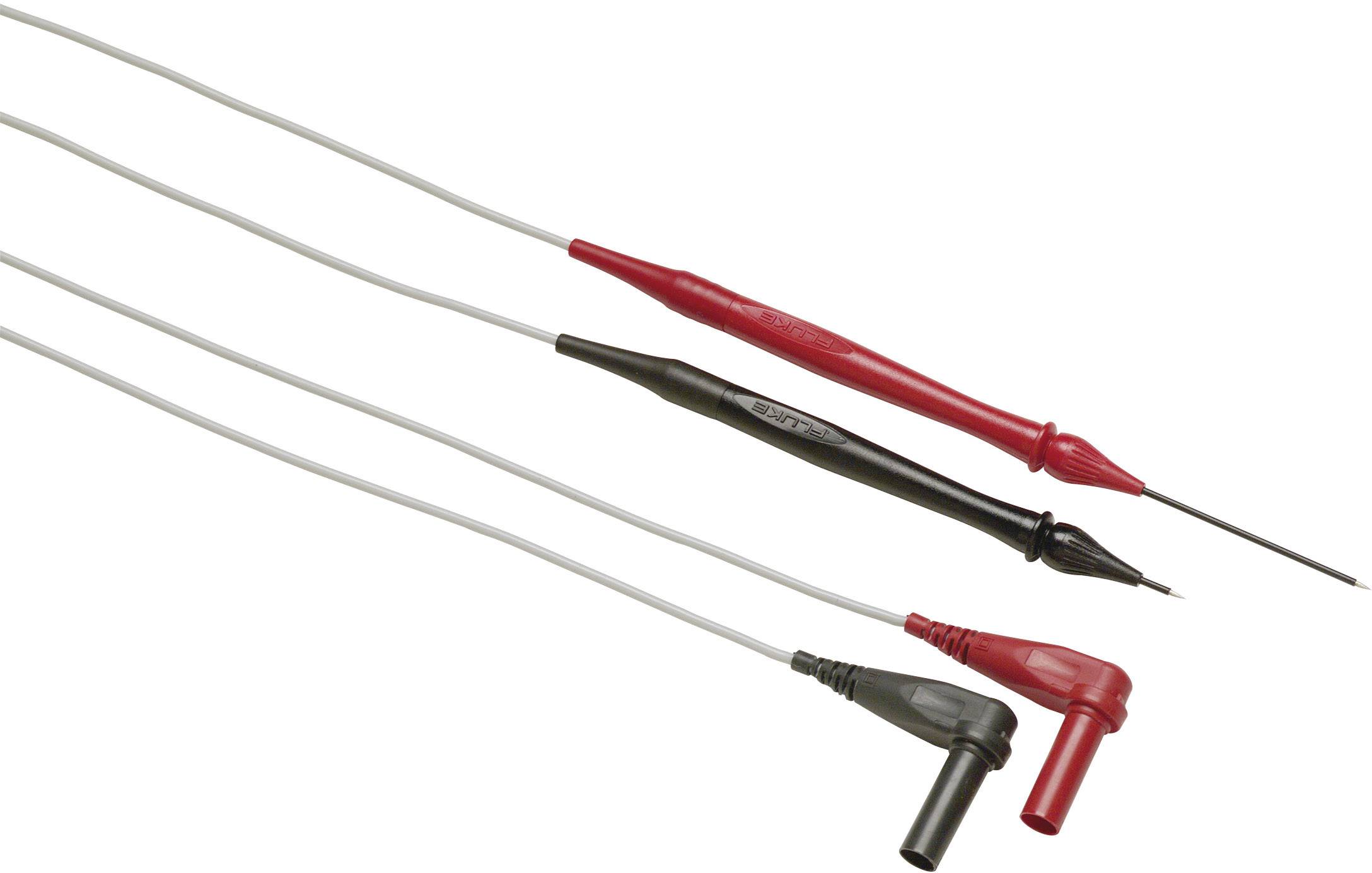 Câbles de test rouges et noirs avec connecteurs, utilisés pour les mesures électriques.