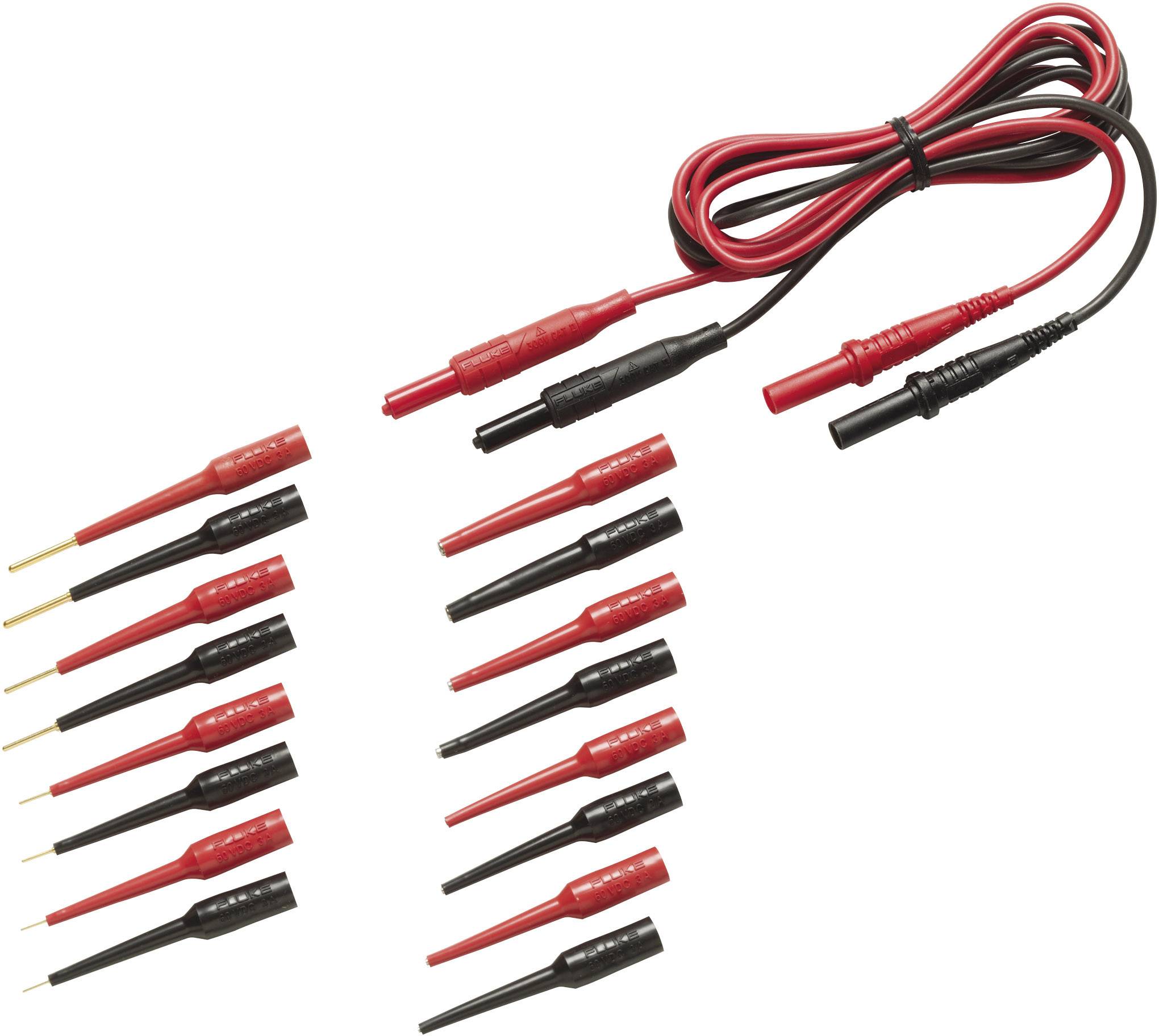 Un ensemble de pointes de test avec des câbles rouge et noir et des pointes interchangeables est représenté, utilisé pour les tests et mesures électriques.