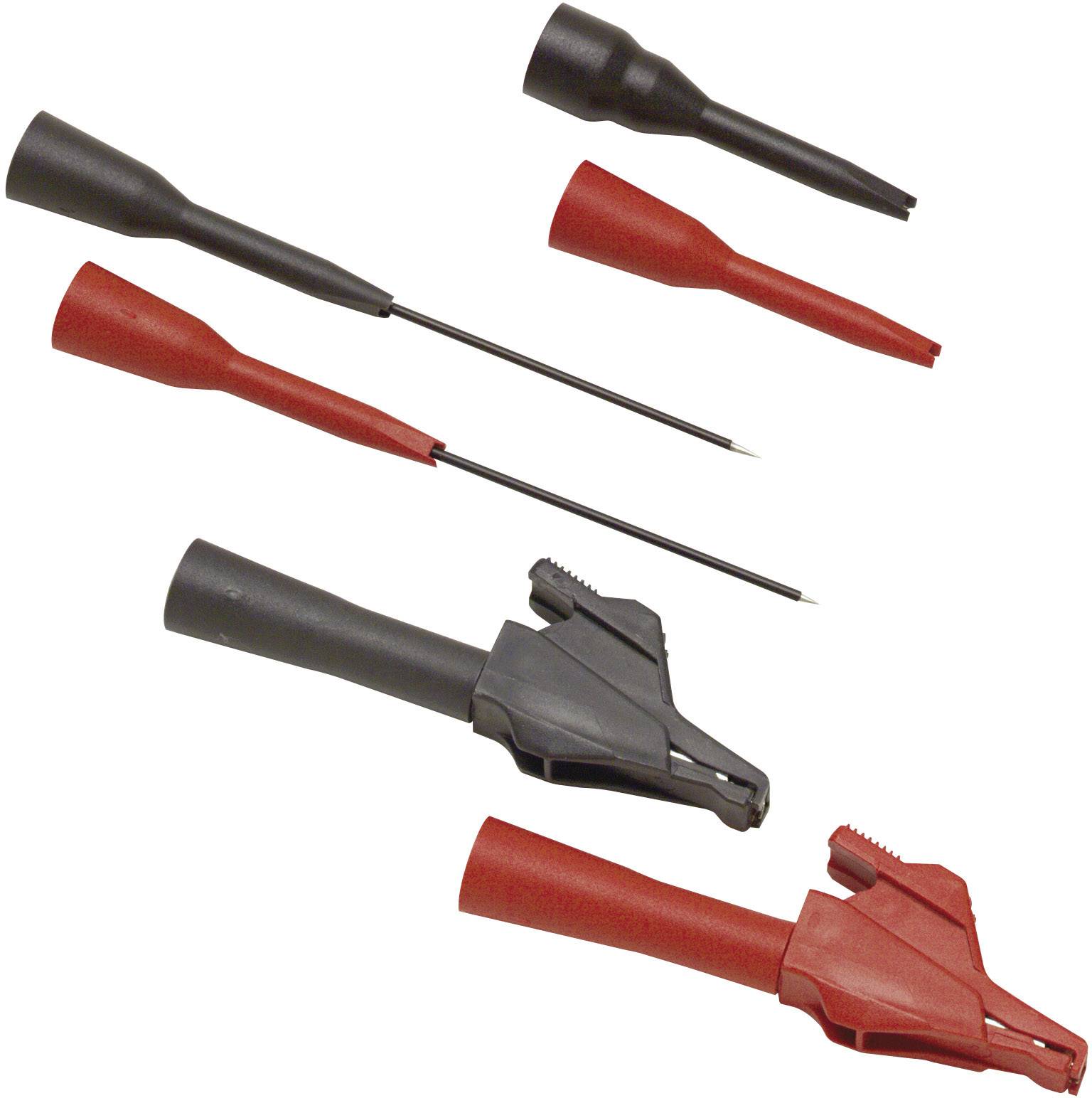 Quatre pointes de test, deux noires et deux rouges, avec des poignées isolées et des embouts métalliques, adaptées aux appareils de mesure électrique.