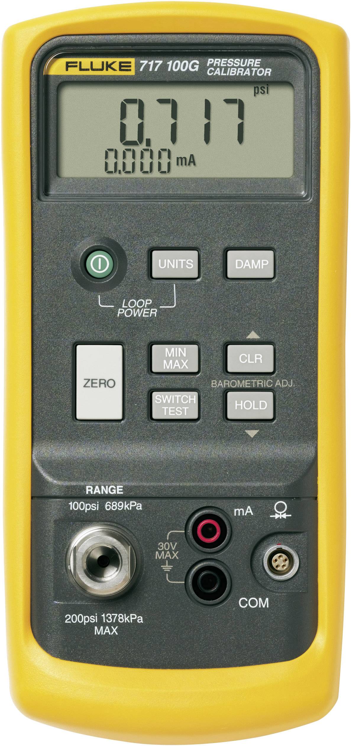 Un appareil de calibrage de pression jaune avec un affichage numérique indique '0,717 PSI'. Plusieurs touches sont disponibles pour contrôler les fonctions de mesure.