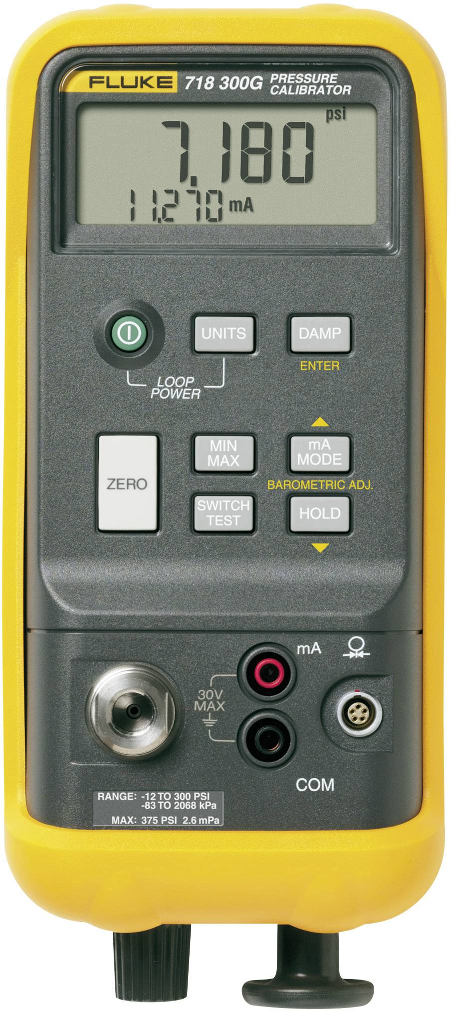 Calibrateur de pression 'Fluke 718 300G' affiche la valeur mesurée de 7,180 PSI, 11,276 mA. Boîtier jaune, touches de réglage, connexions en bas.