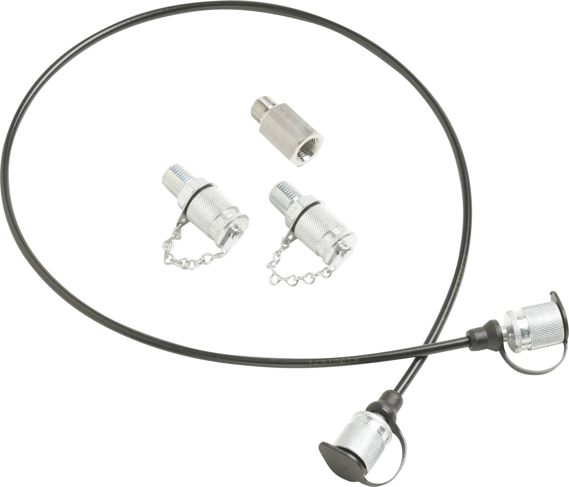 Un câble noir avec deux connexions aux extrémités, accompagné de trois adaptateurs métalliques, dont deux munis de chaînes.