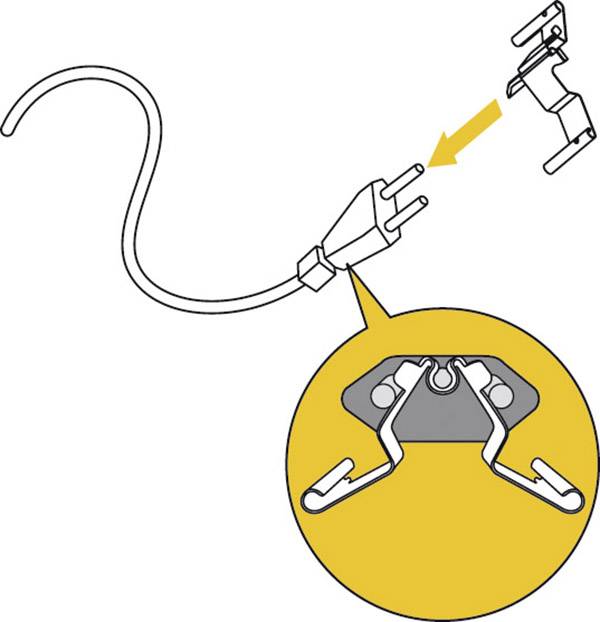 Illustration d'une prise avec un focus sur les contacts métalliques. Une flèche pointe vers le composant de fixation interne représenté.