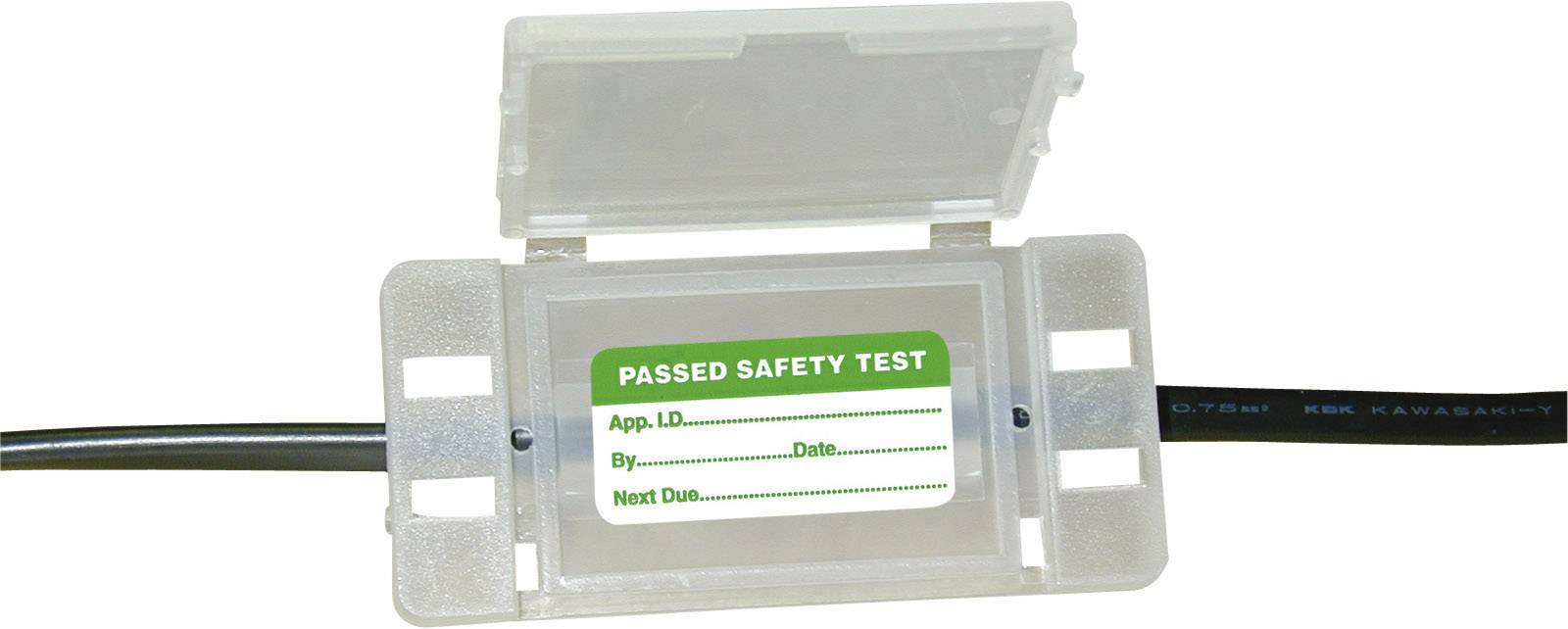 Un câble avec une étiquette indiquant 'Passed Safety Test', suivie de sections pour 'App. I.D.', 'By', 'Date' et 'Next Due'.