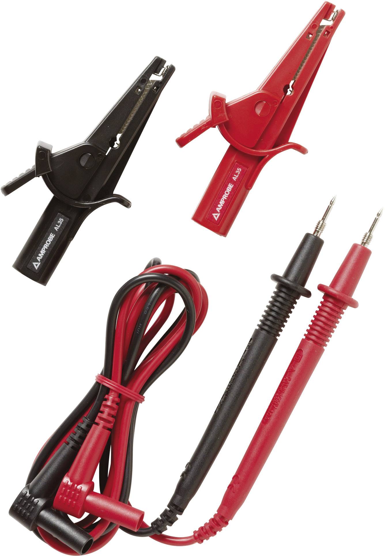 Fils de mesure et pinces crocodiles en rouge et noir. Utilisés pour réaliser des mesures électriques en toute sécurité.