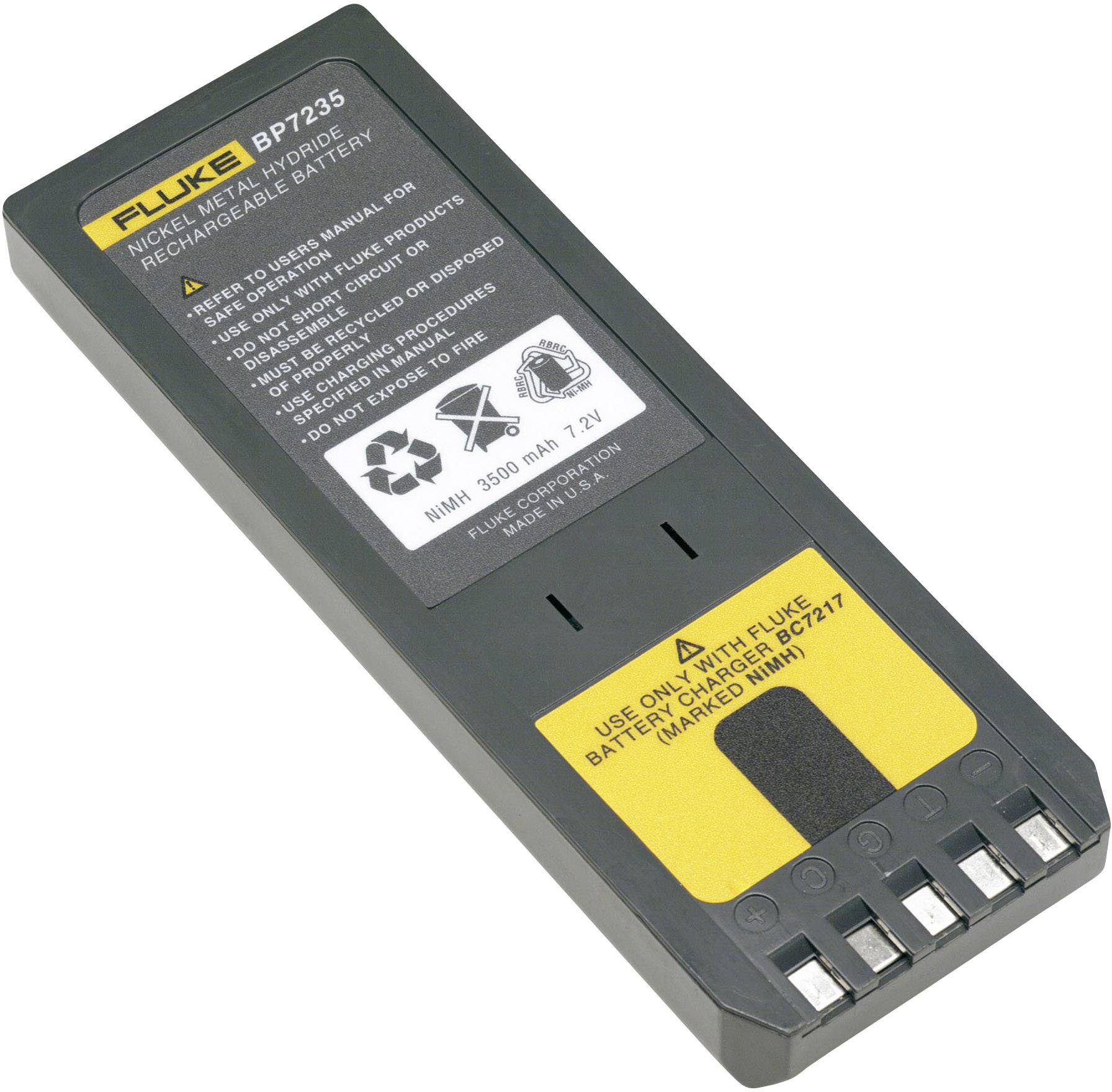 Batterie rechargeable portant l'inscription 'Fluke BP7235'. Il s'agit d'une batterie Nickel-Métal Hydrure (NiMH) de 3500 mAh et 7,2V.