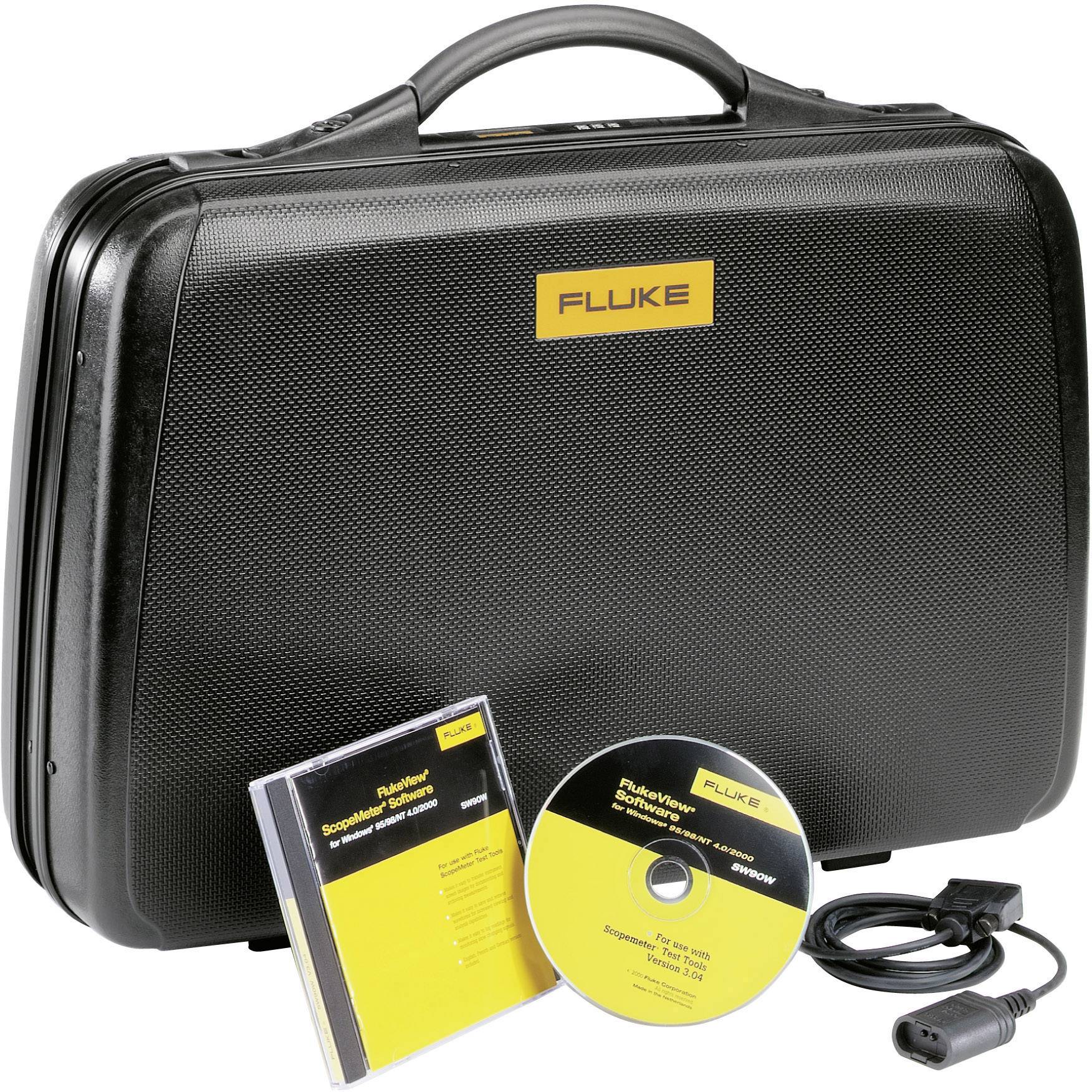 Un coffret à outils noir Fluke avec logo jaune, à côté d'un CD jaune et d'un manuel d'instructions, le tout pour un équipement de test.