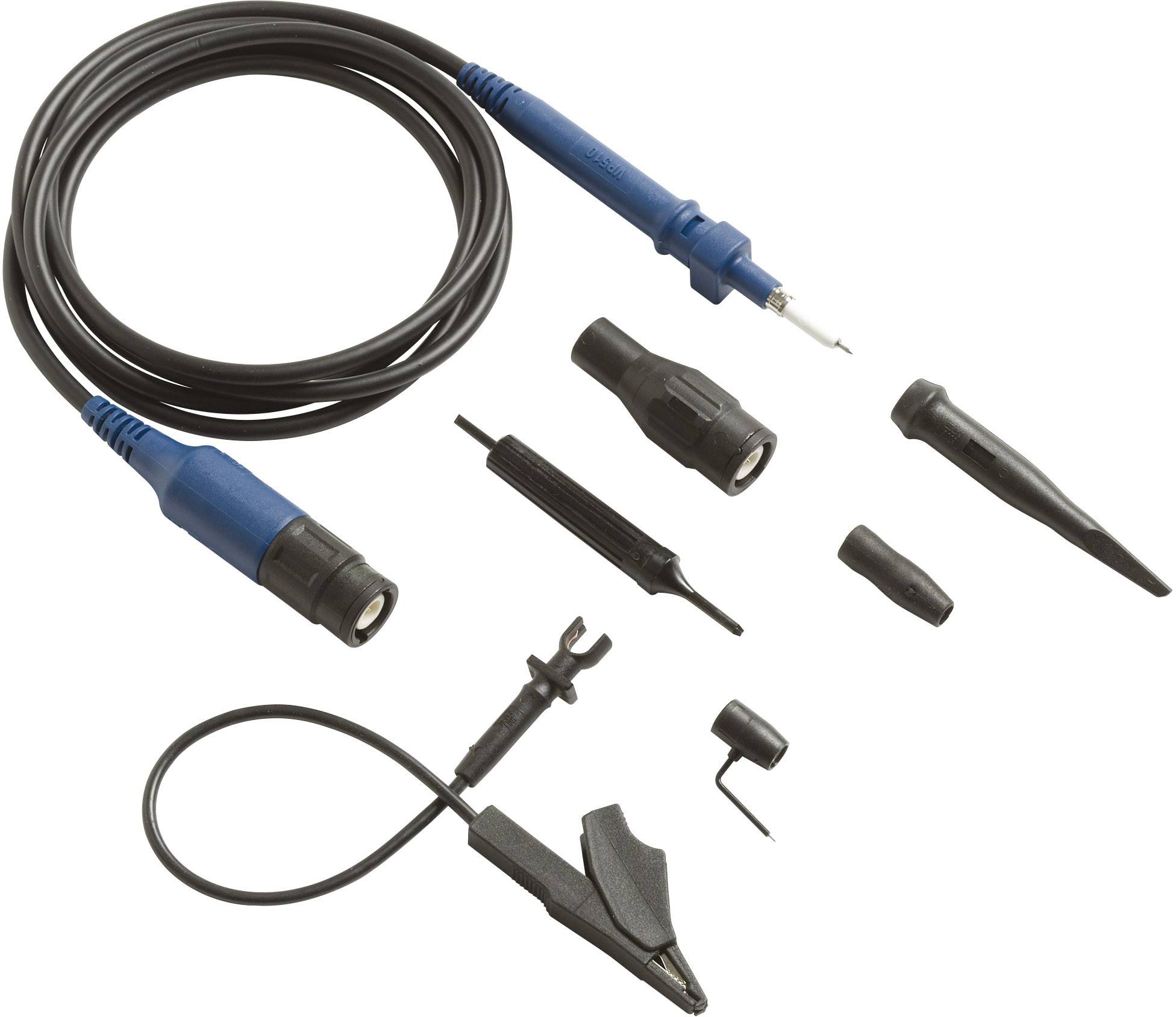 Un ensemble de sondes et de câbles pour appareils de mesure électrique, comprenant un câble avec une pointe bleue et divers adaptateurs.