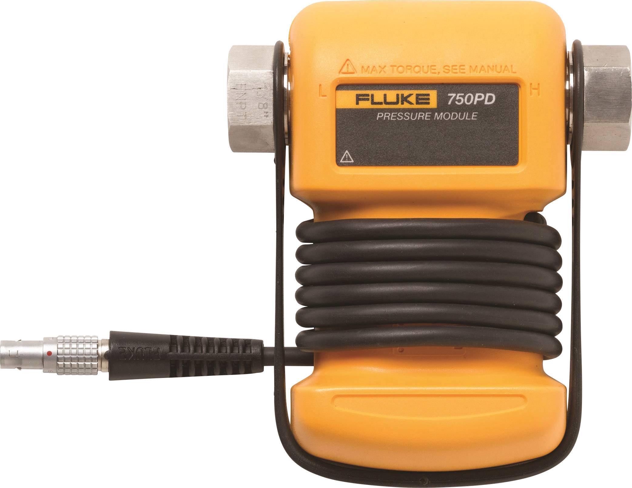 Un module de pression jaune portant l'inscription 'Fluke 750PD' montre une prise de connexion et un câble.