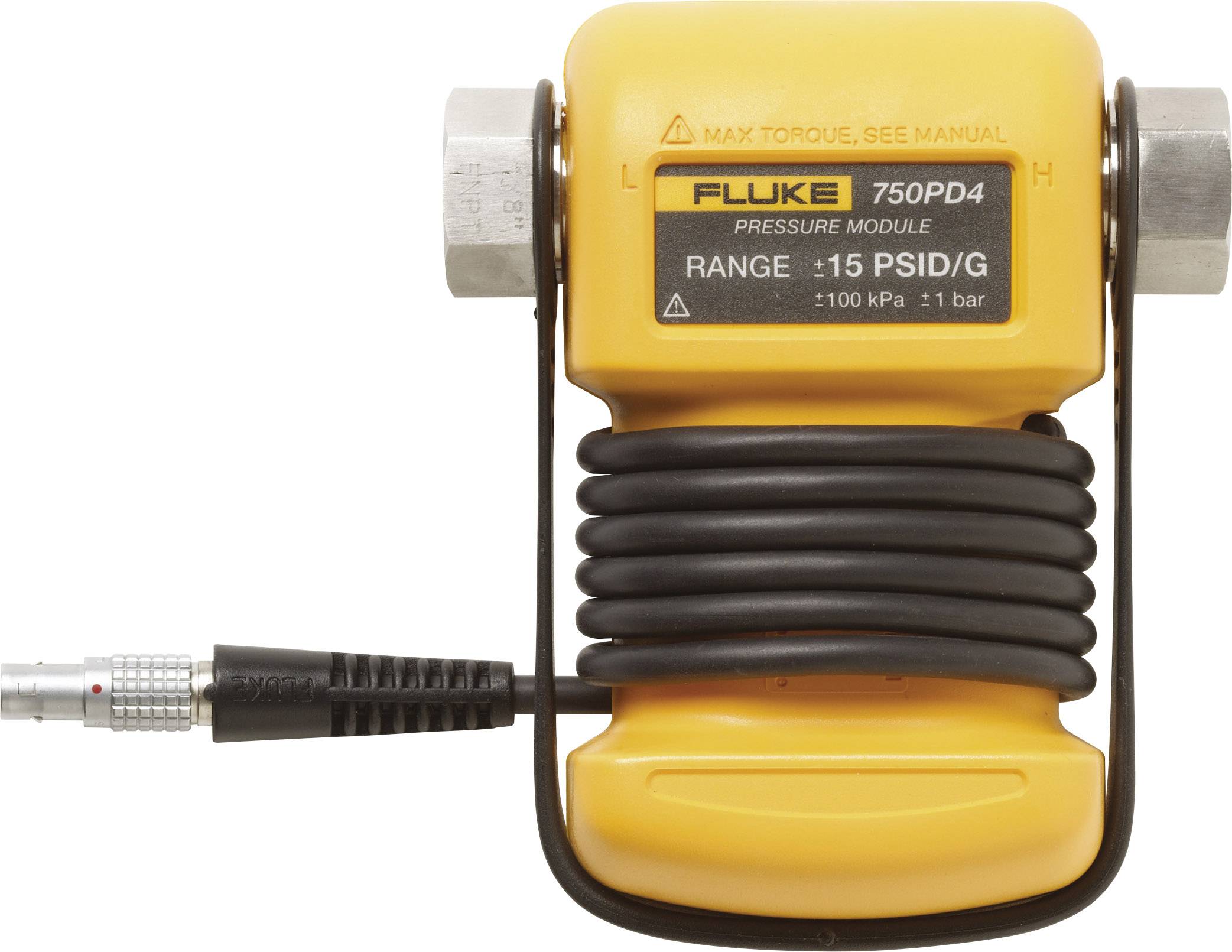 Module de pression avec câble, boîtier jaune portant l'inscription 'FLUKE 750P04', plage de mesure ±15 PSID/G. Utilisé pour la mesure de pression.
