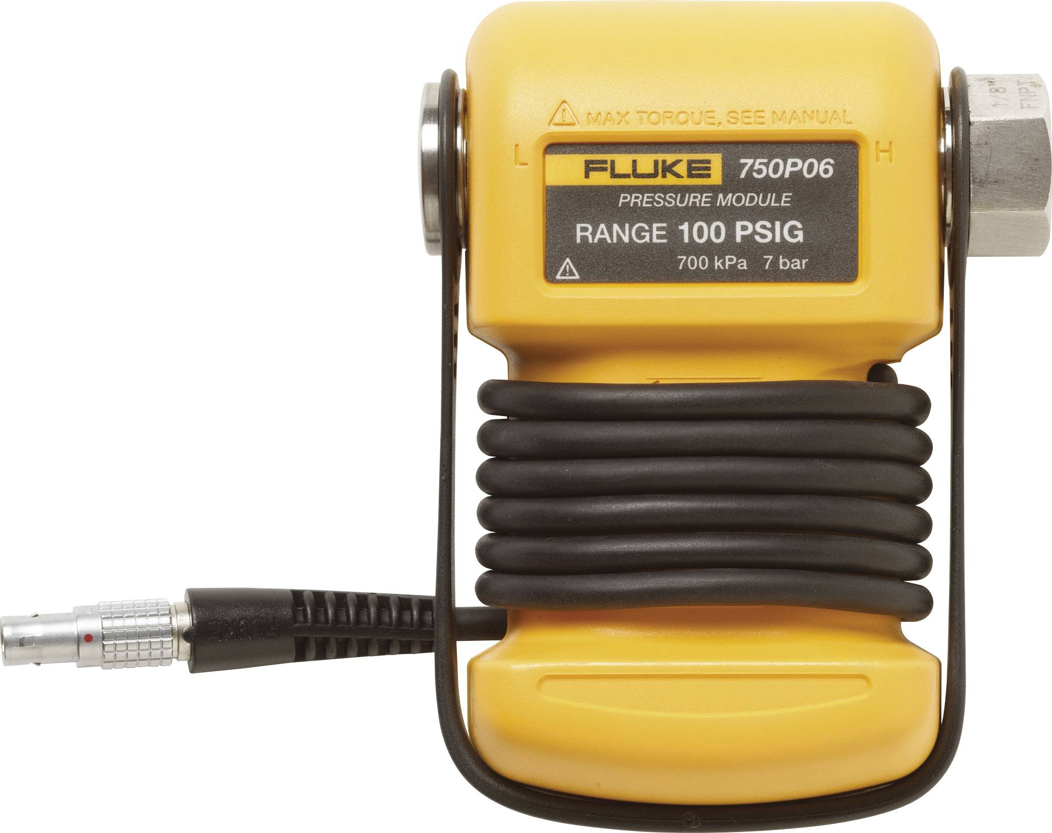 Module de pression jaune portant l'inscription 'FLUKE 750P06', plage de mesure 100 PSIG, 700 kPa, 7 bar. Câble et connexions visibles.