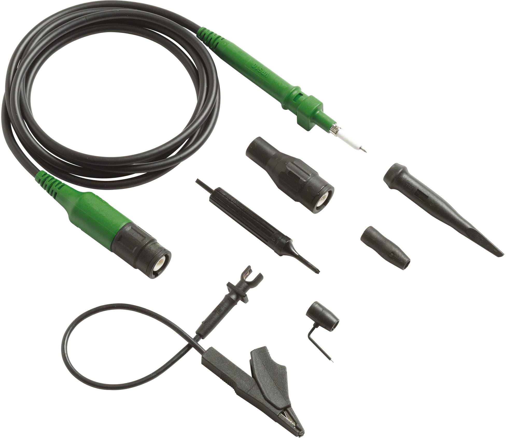 L'image présente un ensemble de sondes d'oscilloscope avec câble, pince crocodile et plusieurs adaptateurs. Idéal pour des mesures précises.
