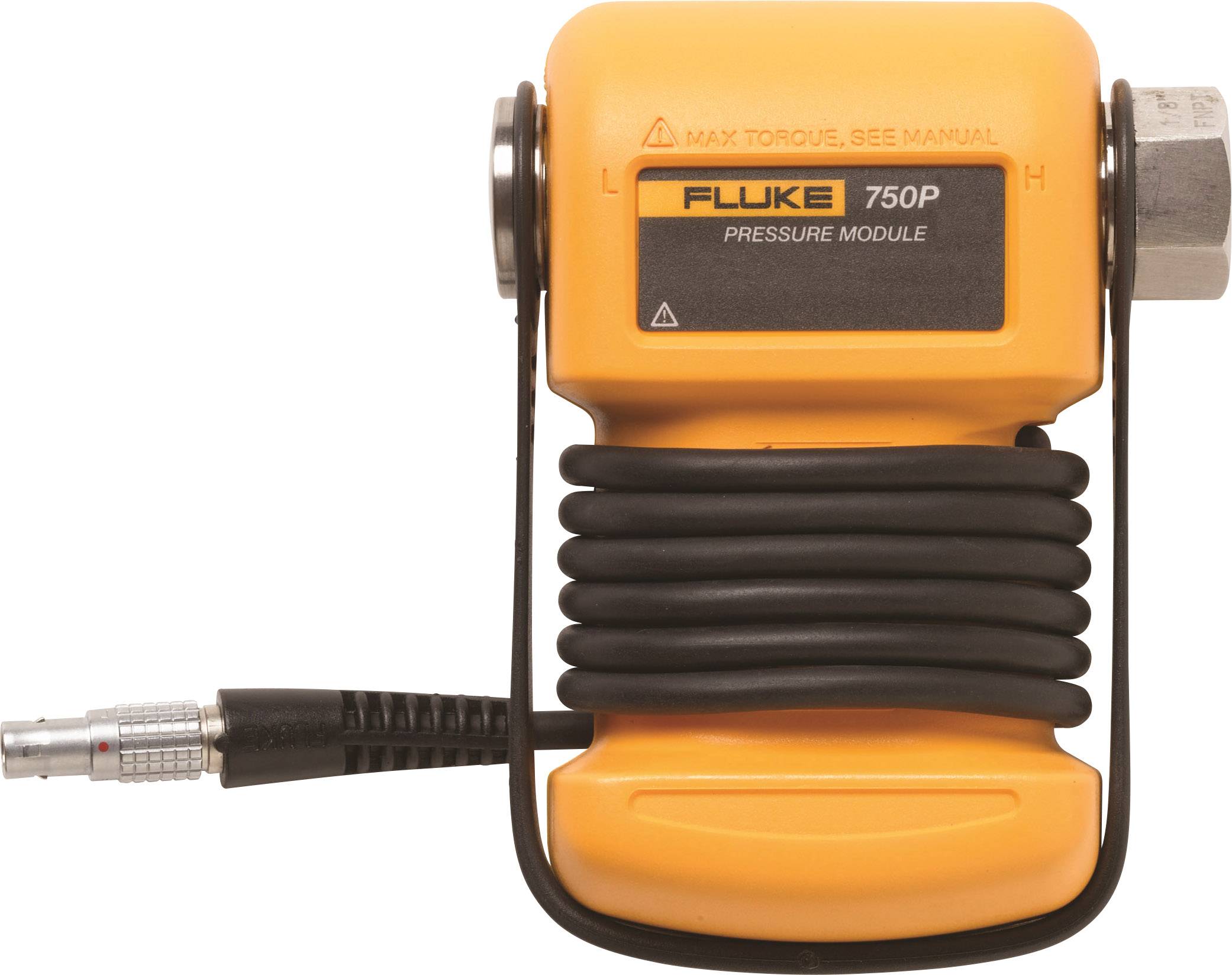 Un module de pression Fluke jaune avec un câble spiralé noir et un connecteur métallique ; pour des mesures de pression dans des applications techniques.