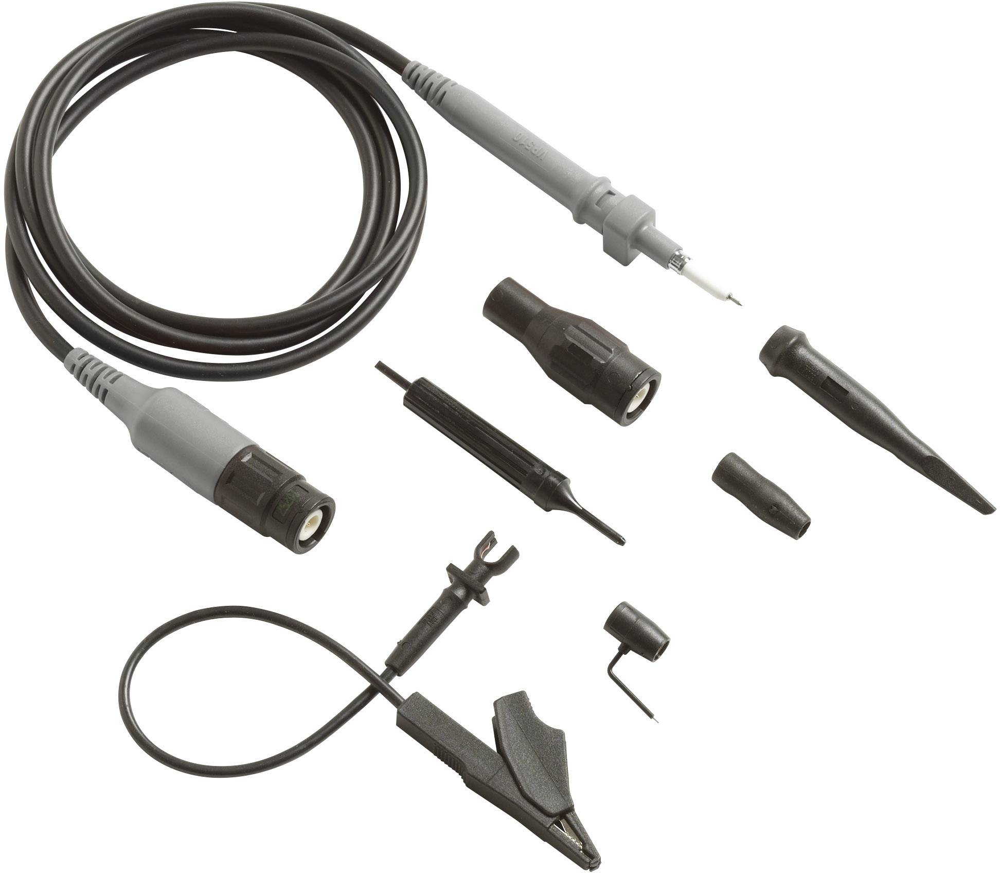 Sonde d'oscilloscope avec câble et accessoires. Comprend divers équipements pour les mesures électriques et les tests de signaux.