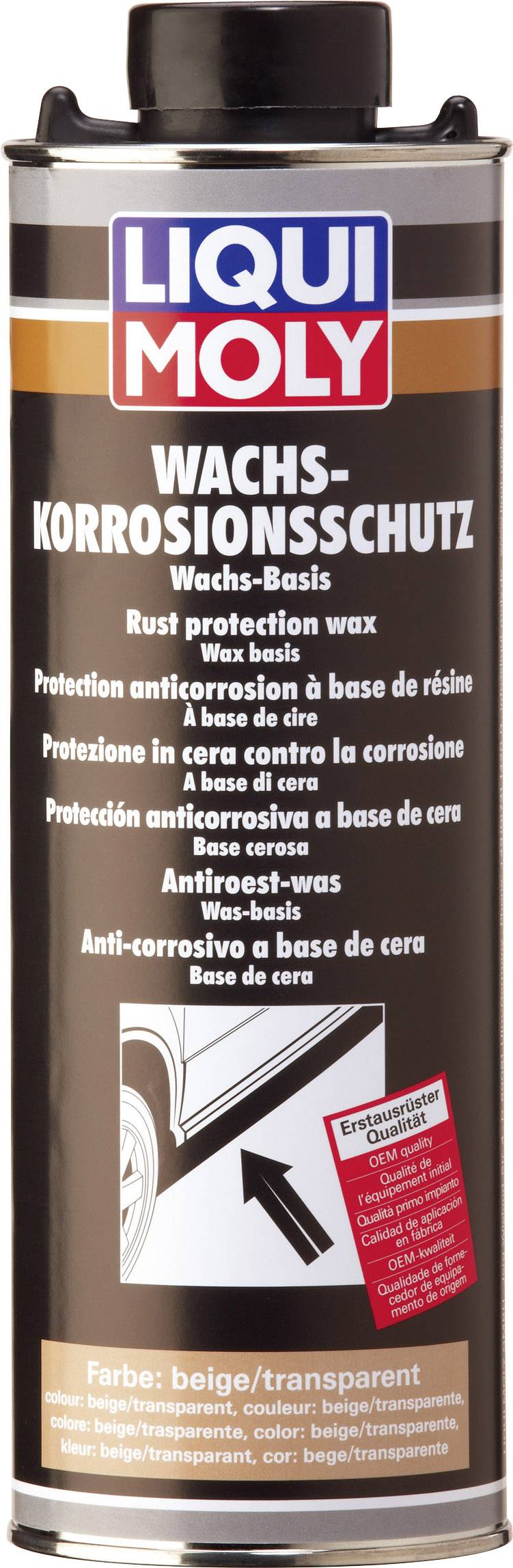 Une boîte portant l'inscription 'LIQUI MOLY Protection anticorrosion à la cire'. Protège contre la rouille, disponible en beige/transparent.