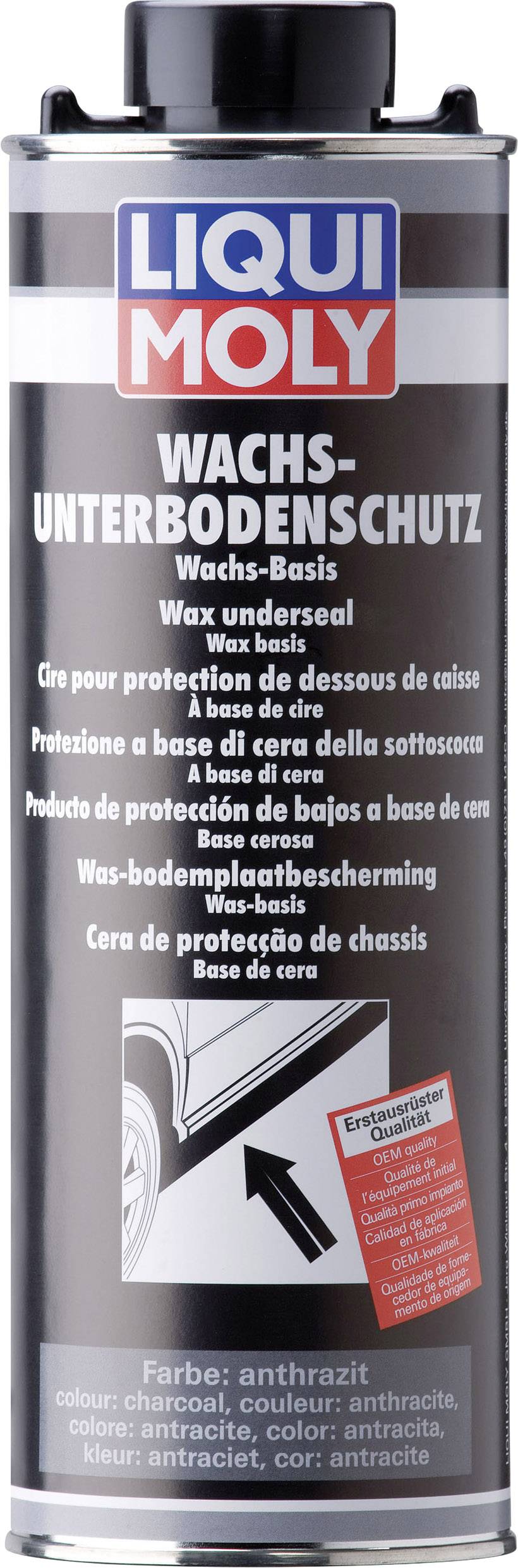 Un bidon de 'LIQUI MOLY Protection Soubassement Anticorrosion' en anthracite. Destiné à protéger les soubassements des véhicules contre la corrosion.