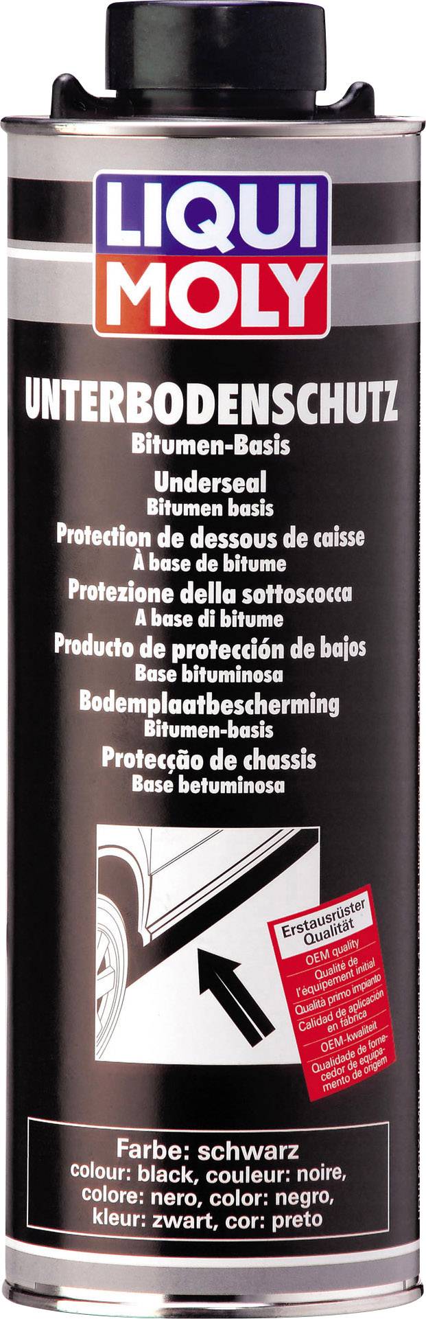 Bombe aérosol portant l'inscription 'LIQUI MOLY Protection de soubassement à base de bitume'. Utilisée pour l'entretien des soubassements de véhicules.