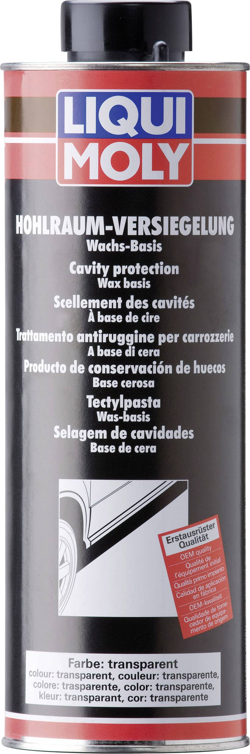 Boîte avec logo 'LIQUI MOLY' et inscription 'Scellant de cavités'. Contient des détails sur l'application, base de cire, transparent.