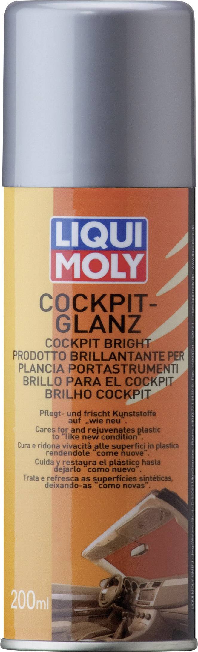 Bombe aérosol portant l'inscription 'LIQUI MOLY Cockpit Glanz'. Utilisée pour l'entretien et la rénovation des surfaces en plastique dans l'automobile.