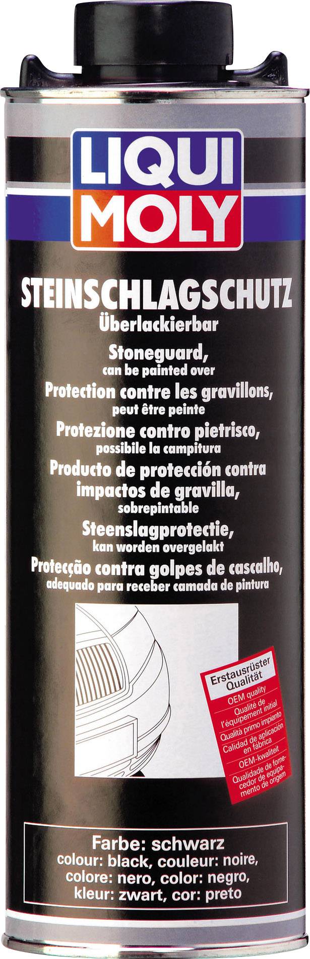 Un bidon noir de Liqui Moly Steinschlagschutz avec des descriptions et des instructions d'utilisation en plusieurs langues.