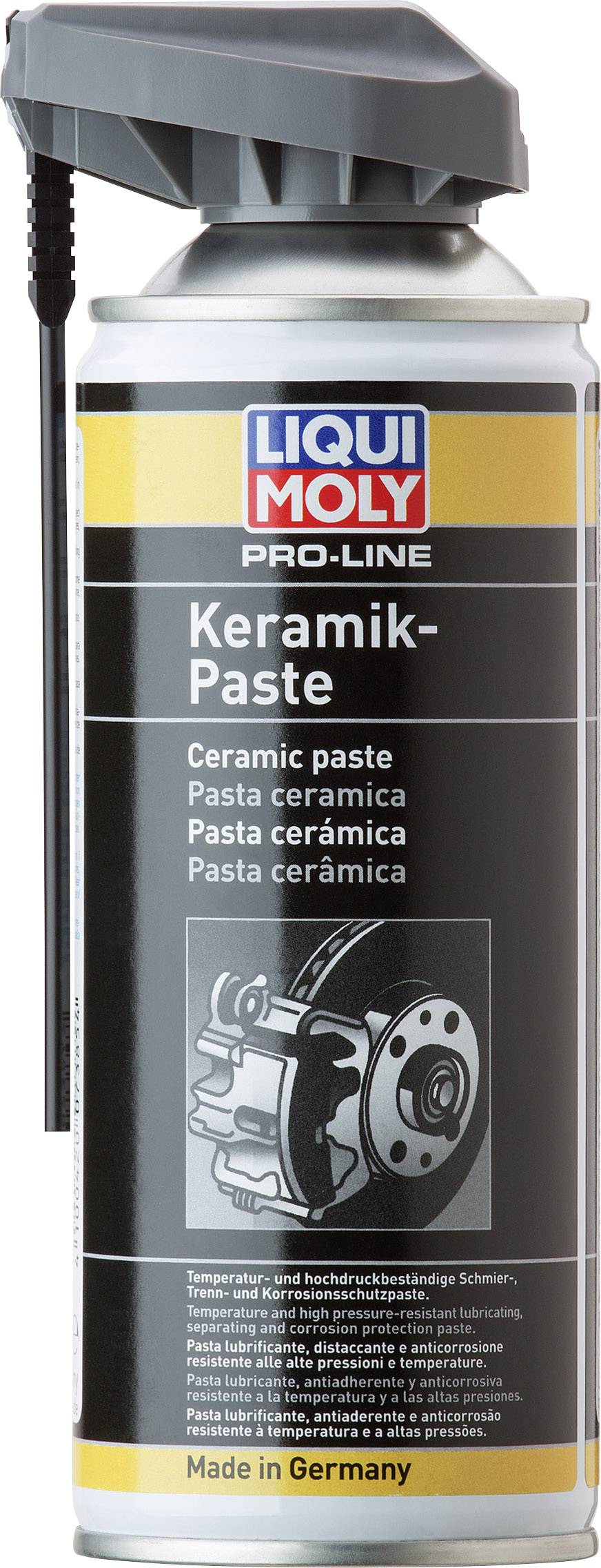 Bombe aérosol de pâte céramique de la marque Liqui Moly, 400 ml. L'impression montre des pièces de moteur. Utilisée pour la lubrification et la protection contre la corrosion.