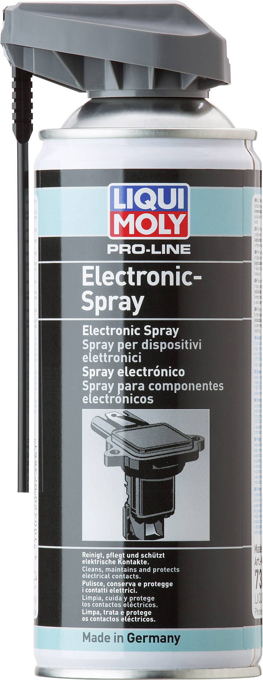 Un aérosol de Liqui Moly Pro-Line 'Electronic-Spray' pour le nettoyage et l'entretien des contacts électroniques. Fabriqué en Allemagne.