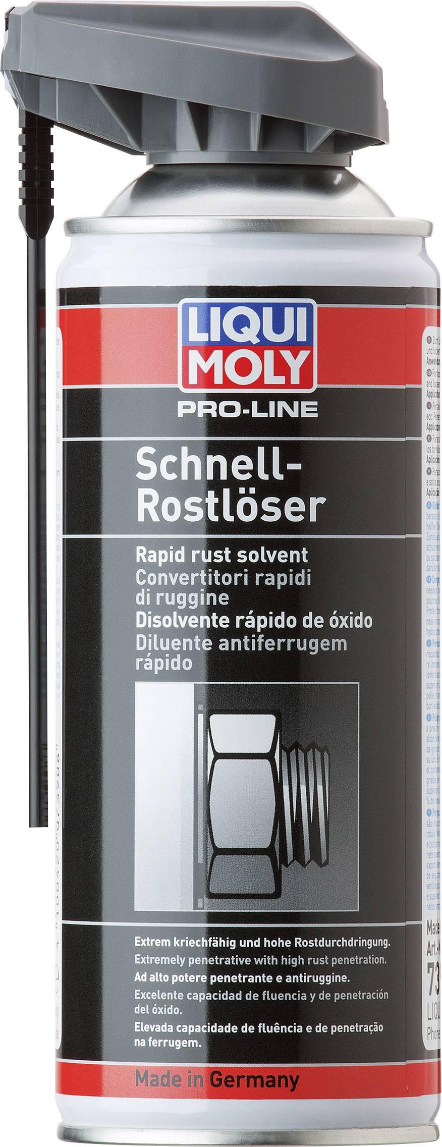 Bombe aérosol 'Liqui Moly Pro-Line Dissolvant Rouille Rapide', 400 ml. Dissout rapidement la rouille, convient à une utilisation en atelier. Fond rouge.