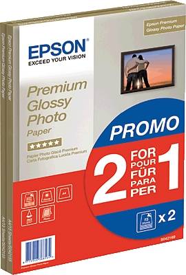 Papier photo Epson, offre 2 pour 1. Contient 2 paquets de papier photo premium brillant. Image de coucher de soleil à la télévision.
