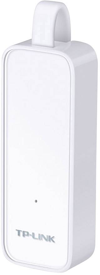 Adaptateur TP-Link blanc, rectangulaire, avec un petit voyant lumineux au centre et une boucle de suspension en haut.