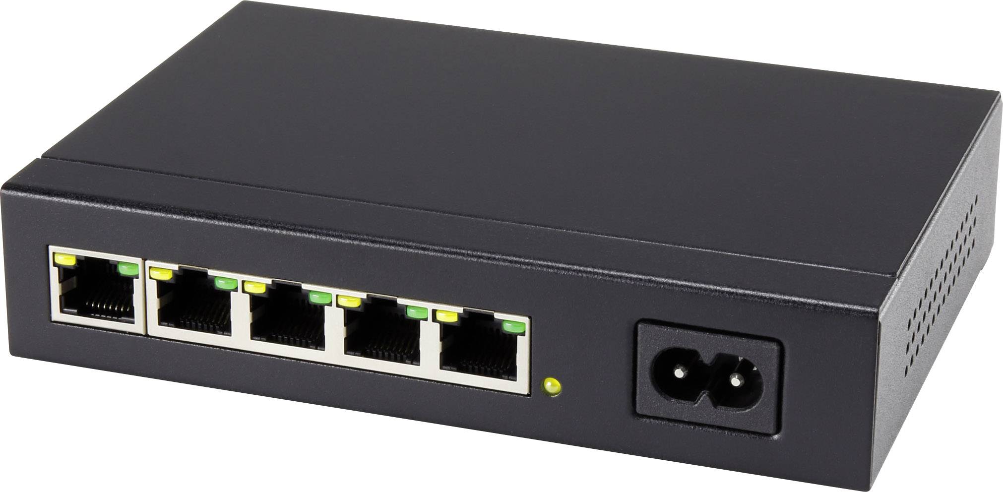 Un commutateur réseau noir avec cinq ports Ethernet et une connexion d'alimentation.