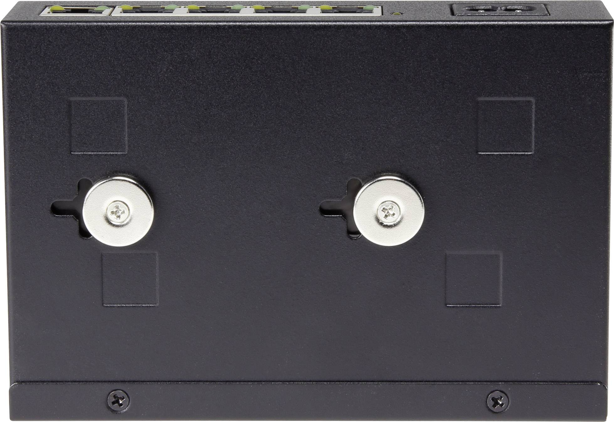 Appareil rectangulaire noir avec deux trous de serrure ronds et métalliques. La surface supérieure comporte plusieurs ports de connexion.