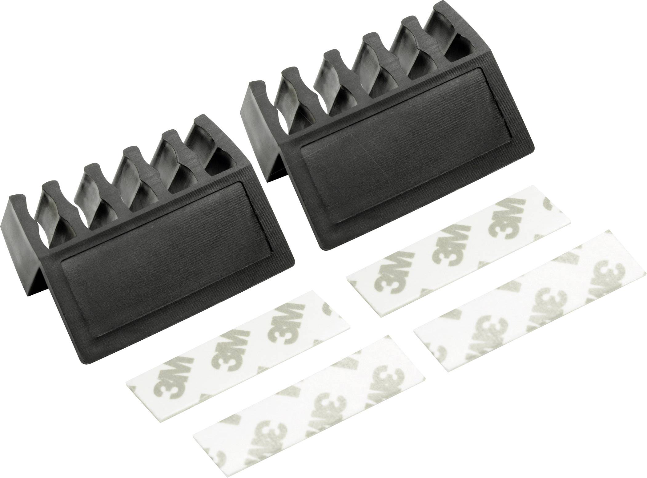 Deux supports de câbles noirs avec bandes adhésives 3M, adaptés pour la fixation sur une surface afin d'organiser les câbles.
