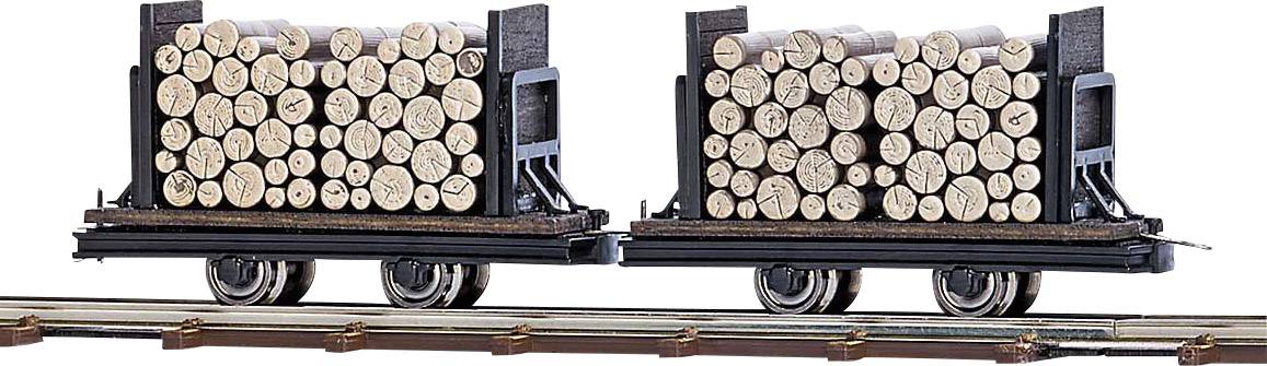 Deux wagons chargés de grumes empilées sur des rails, symbolisant le transport de bois.