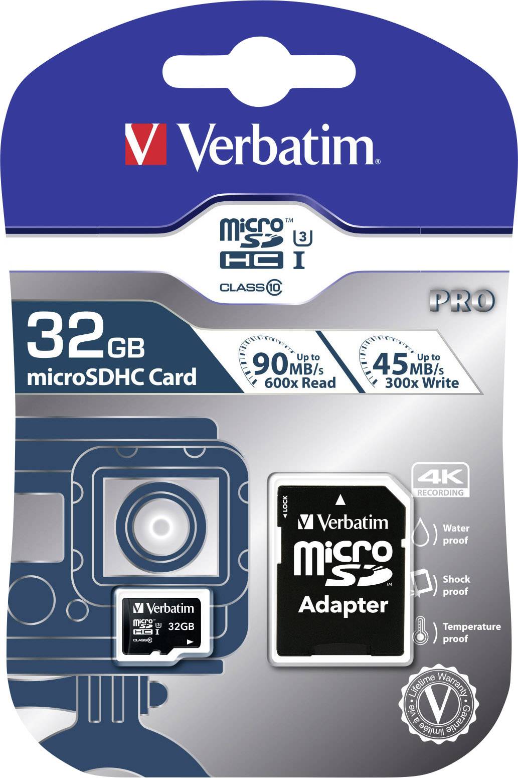 Carte microSDHC Verbatim PRO 32 GB Class 10, UHS-I, UHS-Class 3 avec adaptateur SD