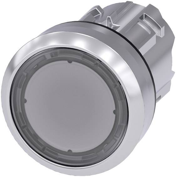 Bouton-poussoir rond de couleur argentée, à surface lisse et bord cannelé, adapté aux pupitres de commande industriels.