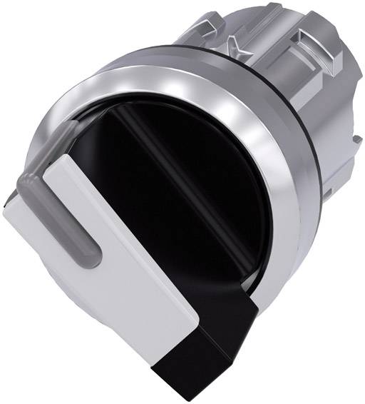 Bouton de commande cylindrique en métal argenté avec une poignée noire, souvent utilisé pour contrôler des machines ou des appareils électroniques.
