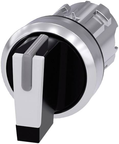 Un bouton rotatif rond en argent avec une poignée noire et grise, adapté aux appareils électroniques ou mécaniques.