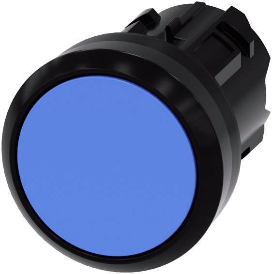 Bouton-poussoir rond bleu dans un boîtier noir.