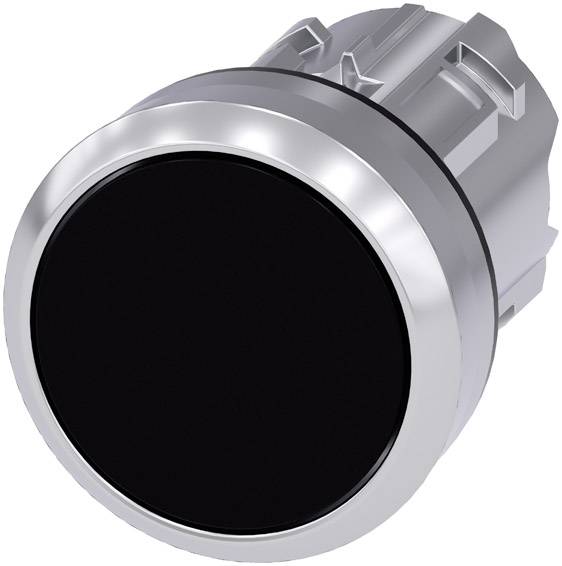 Bouton noir rond avec un bord argenté, adapté pour les appareils électroniques ou les machines.