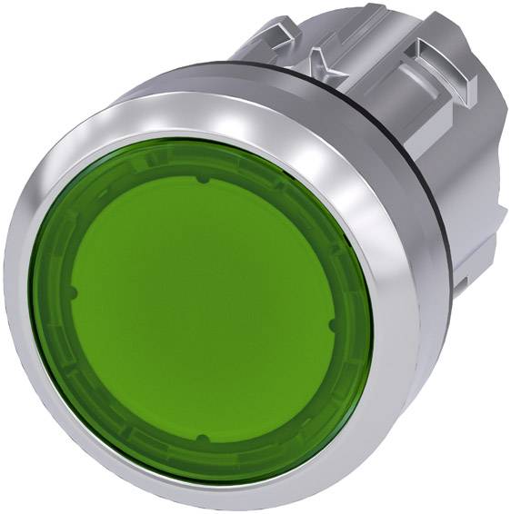 Un bouton-poussoir rond, vert, avec un bord argenté, probablement partie intégrante d'un panneau de commande ou d'une machine.