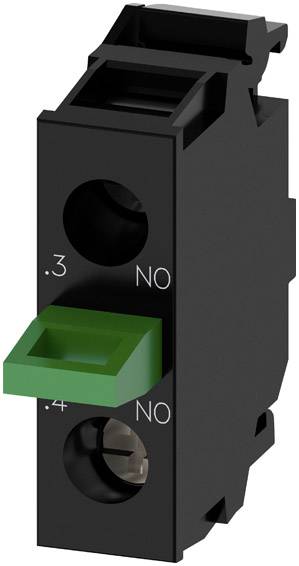 Interrupteur électrique noir avec deux points de contact, marqué 'NO' pour Normally Open, et un déclencheur vert.
