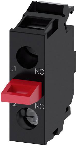 Dispositif de commutation en noir avec interrupteur rouge et deux points de contact, étiquetés '.1 NC' et '.2 NC'.