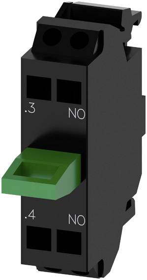 Bloc de relais noir avec levier vert et les étiquettes '.3' et '.4' sur les entrées, 'NO' sur les deux sorties.