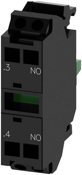 Extension de contacteur électrique noir avec deux étiquettes '0.3 NO' et '0.4 NO', indiquant les positions des contacts.