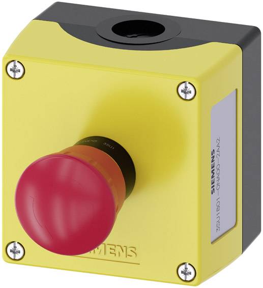 Bouton d'arrêt d'urgence dans un boîtier jaune. Sert à arrêter immédiatement les machines en cas d'urgence.