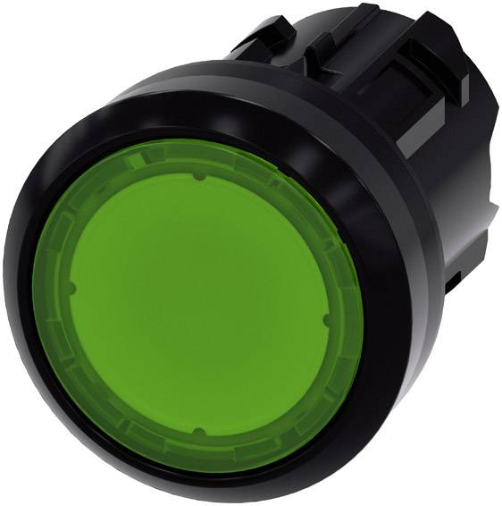 Bouton-poussoir rond, de couleur verte, avec boîtier noir, adapté pour les commandes de machines ou les panneaux de commande électroniques.