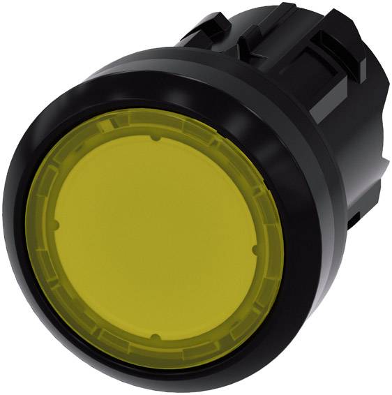 Bouton rond, jaune, intégré dans un boîtier noir, probablement un interrupteur électrique ou un bouton-poussoir dans un environnement technique.