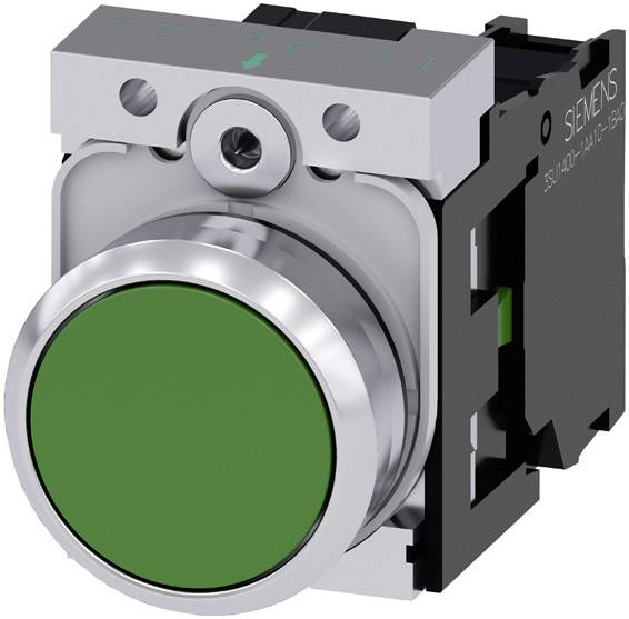Bouton-poussoir avec un cercle vert sur un cadre carré noir, probablement un bouton de commande industriel ou de machine.